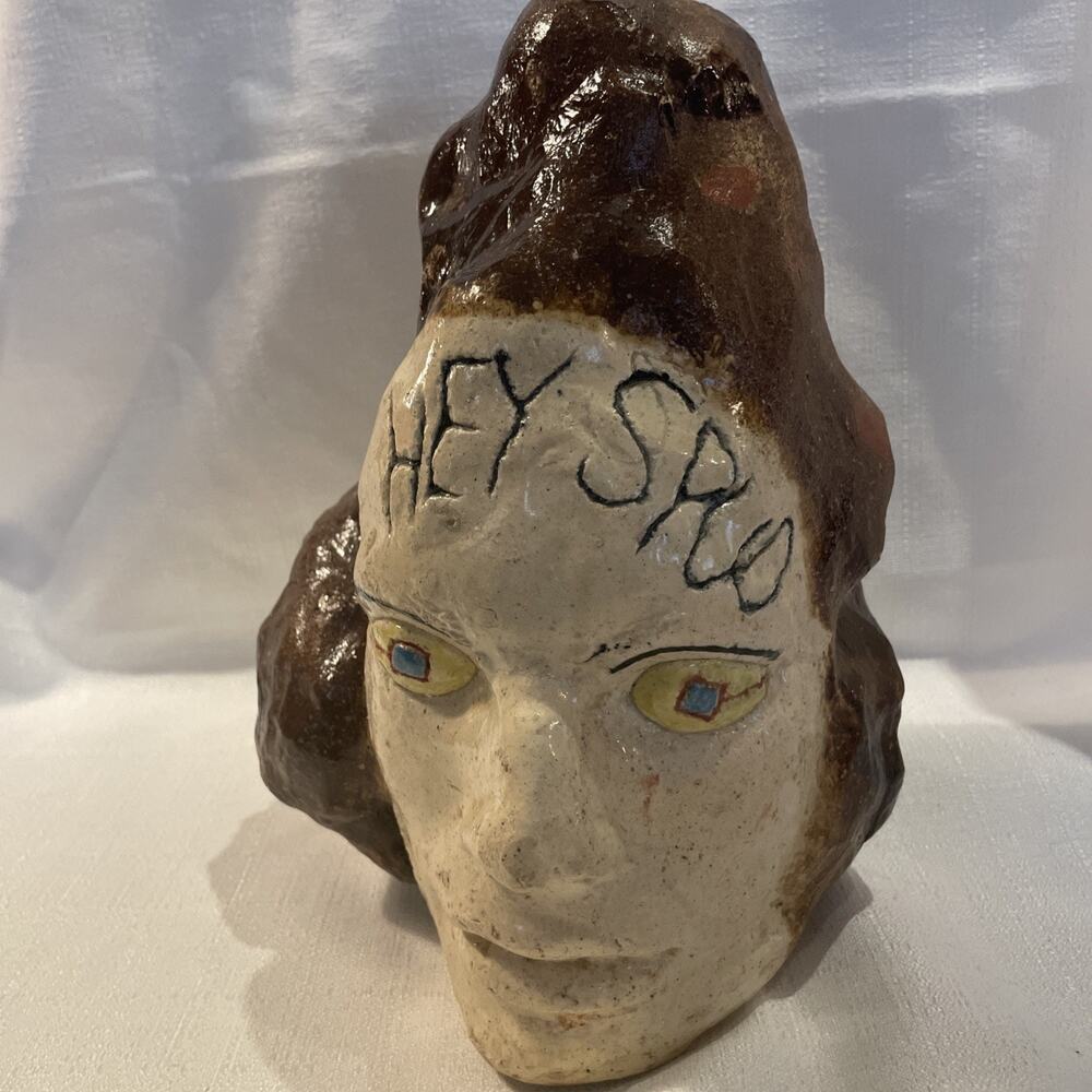 VTG planter/feeder Clay SpudFace Garden Sculpture Head Glazed funky Pottery Bust